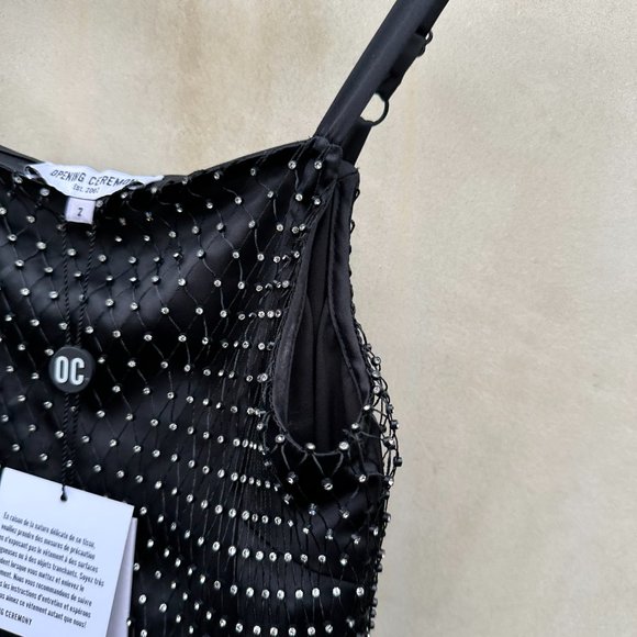 Opening Ceremony Slip Dress Black Satin Fishnet Rhinestone Embellished Sz 2 - Picture 7 of 12